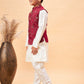 Boy's Maroon Nehru Jacket With Cream Kurta And Pyjama Set