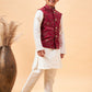 Boy's Maroon Nehru Jacket With Cream Kurta And Pyjama Set