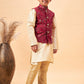 Boy's Maroon Nehru Jacket With Gold Kurta And Pyjama Set