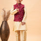 Boy's Maroon Nehru Jacket With Gold Kurta And Pyjama Set