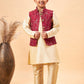 Boy's Maroon Nehru Jacket With Gold Kurta And Pyjama Set