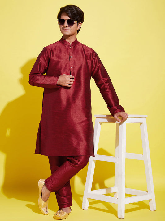 Boy's' Maroon Silk Blend Kurta And Pyjama Set