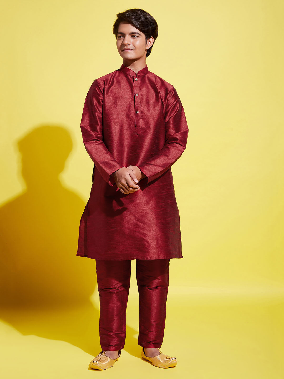 Boy's' Maroon Silk Blend Kurta And Pyjama Set
