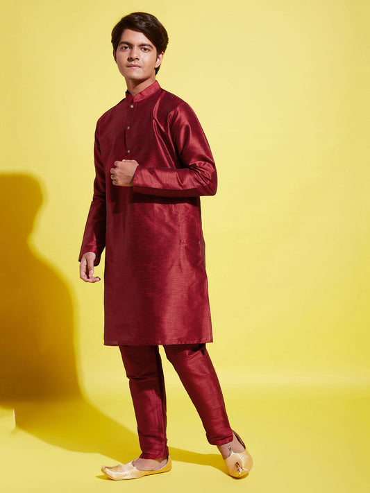 Boy's' Maroon Silk Blend Kurta And Pyjama Set