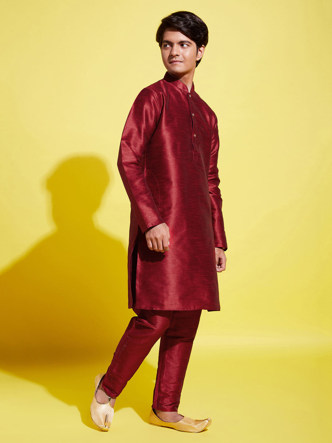 Boy's' Maroon Silk Blend Kurta And Pyjama Set