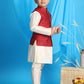 Boy's Maroon Woven Jacket With Cream Kurta And Pyjama Set