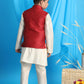 Boy's Maroon Woven Jacket With Cream Kurta And Pyjama Set