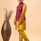 Boy's Maroon Woven Jacket With Mustard Kurta And Pyjama Set