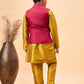 Boy's Maroon Woven Jacket With Mustard Kurta And Pyjama Set