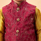Boy's Maroon Woven Jacket With Mustard Kurta And Pyjama Set