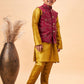 Boy's Maroon Woven Jacket With Mustard Kurta And Pyjama Set