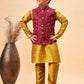 Boy's Maroon Woven Jacket With Mustard Kurta And Pyjama Set