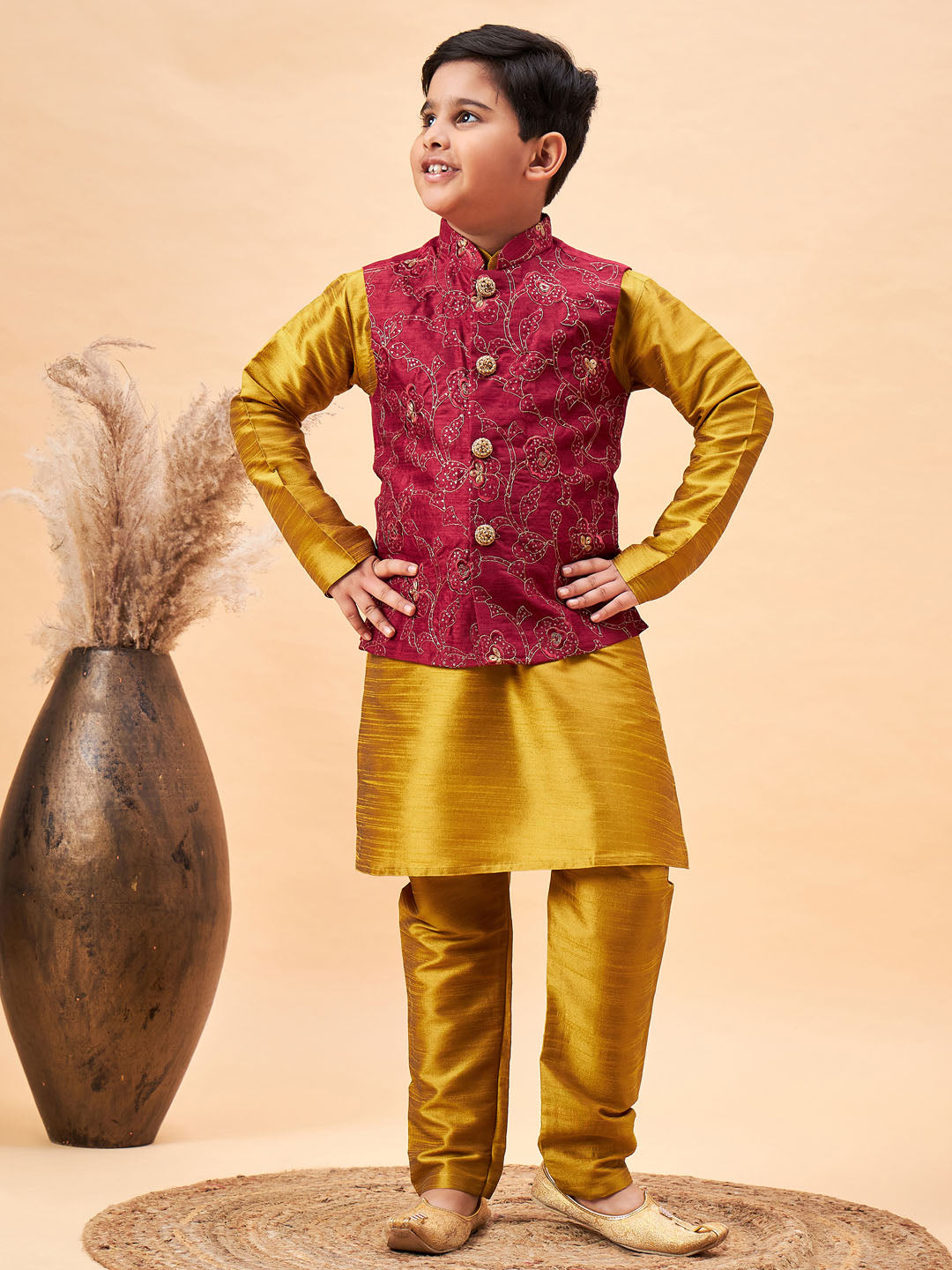 Boy's Maroon Woven Jacket With Mustard Kurta And Pyjama Set
