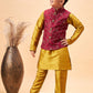 Boy's Maroon Woven Jacket With Mustard Kurta And Pyjama Set