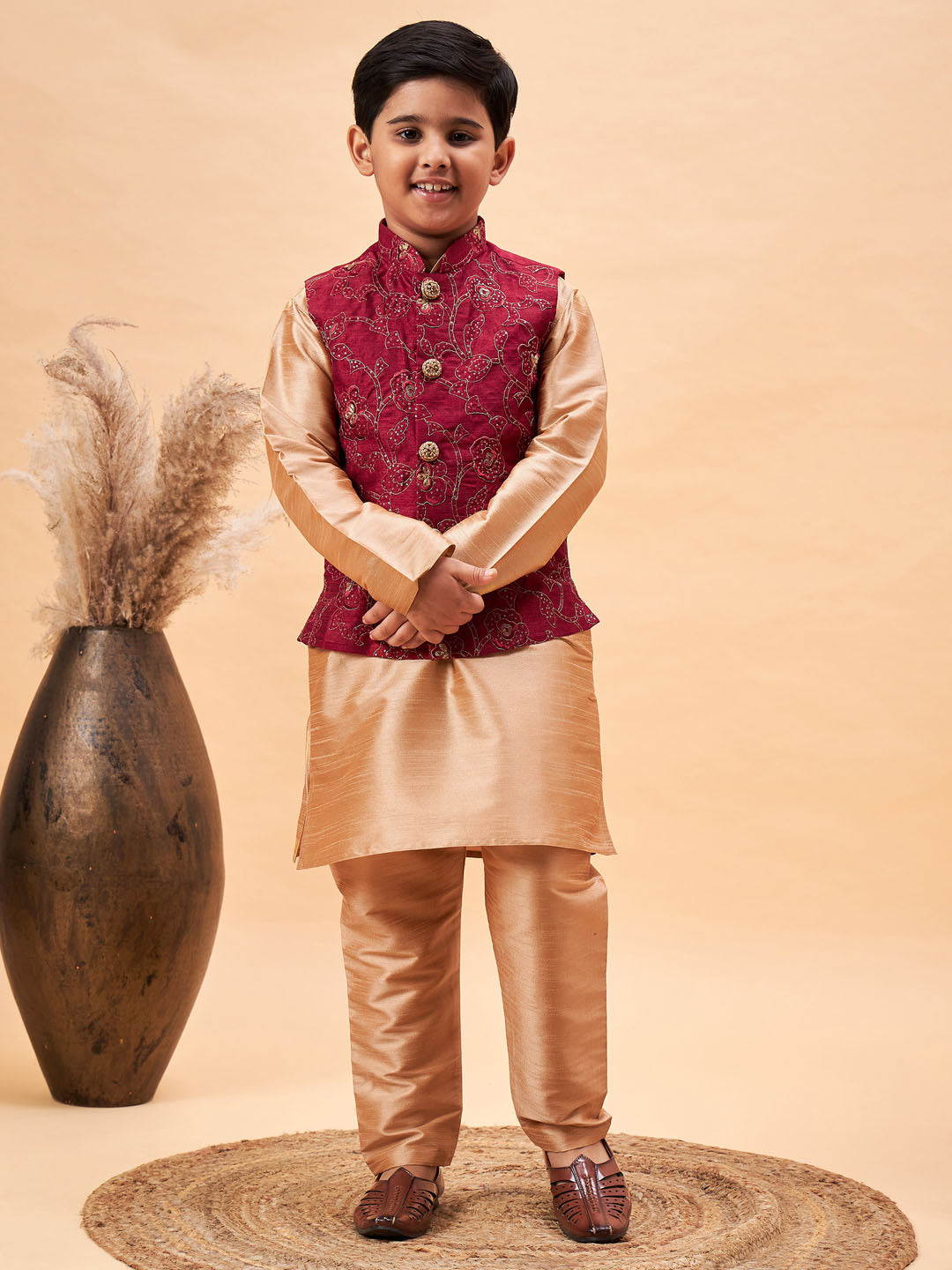 Boy's Maroon Woven Jacket With Rose Gold Kurta And Pyjama Set