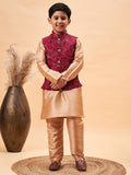 Boy's Maroon Woven Jacket With Rose Gold Kurta And Pyjama Set