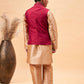 Boy's Maroon Woven Jacket With Rose Gold Kurta And Pyjama Set