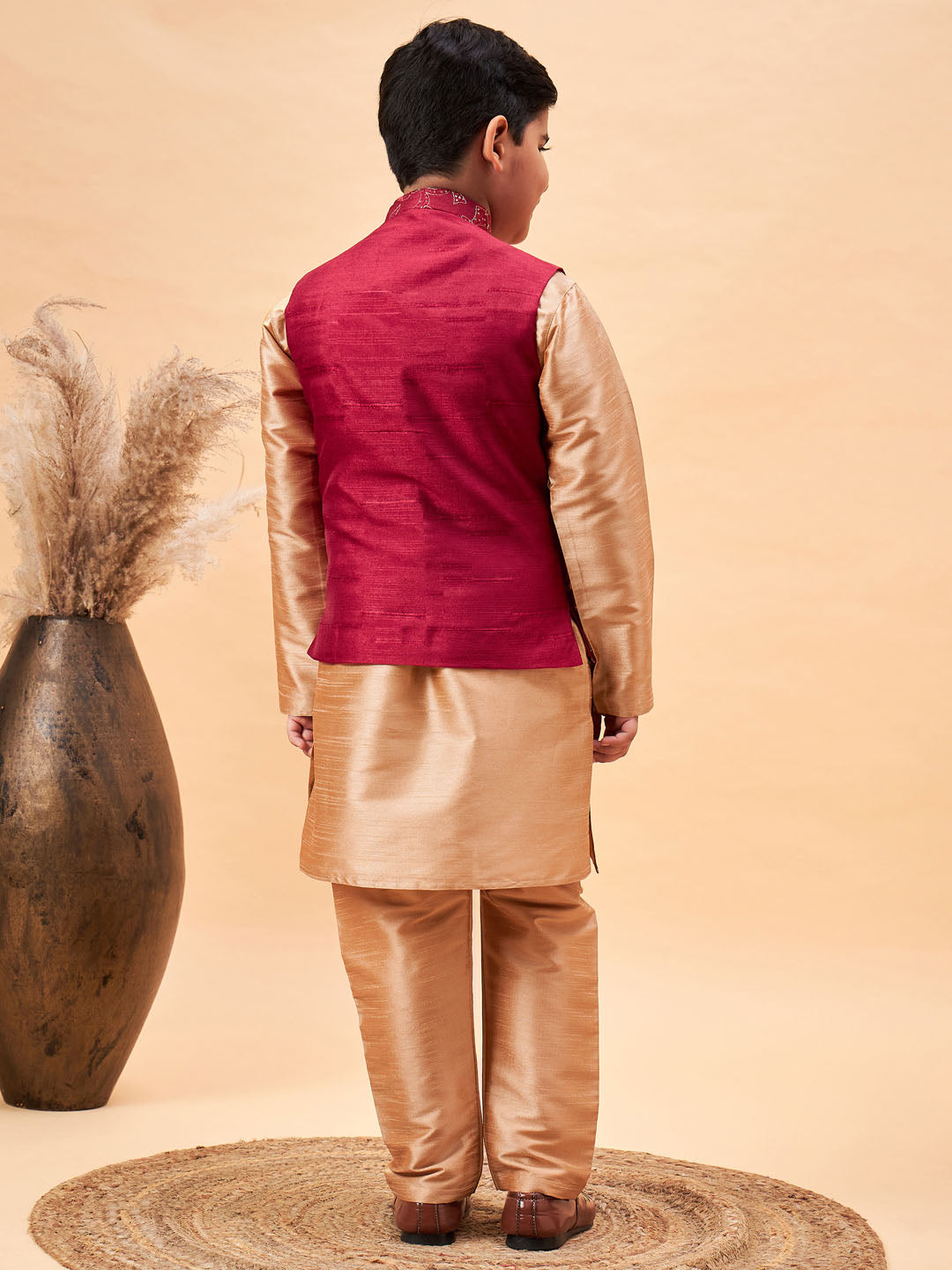 Boy's Maroon Woven Jacket With Rose Gold Kurta And Pyjama Set
