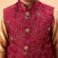 Boy's Maroon Woven Jacket With Rose Gold Kurta And Pyjama Set