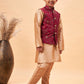 Boy's Maroon Woven Jacket With Rose Gold Kurta And Pyjama Set