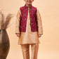Boy's Maroon Woven Jacket With Rose Gold Kurta And Pyjama Set