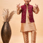 Boy's Maroon Woven Jacket With Rose Gold Kurta And Pyjama Set