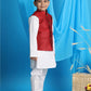 Boy's Maroon Woven Jacket With White Kurta And Pyjama Set
