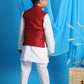 Boy's Maroon Woven Jacket With White Kurta And Pyjama Set