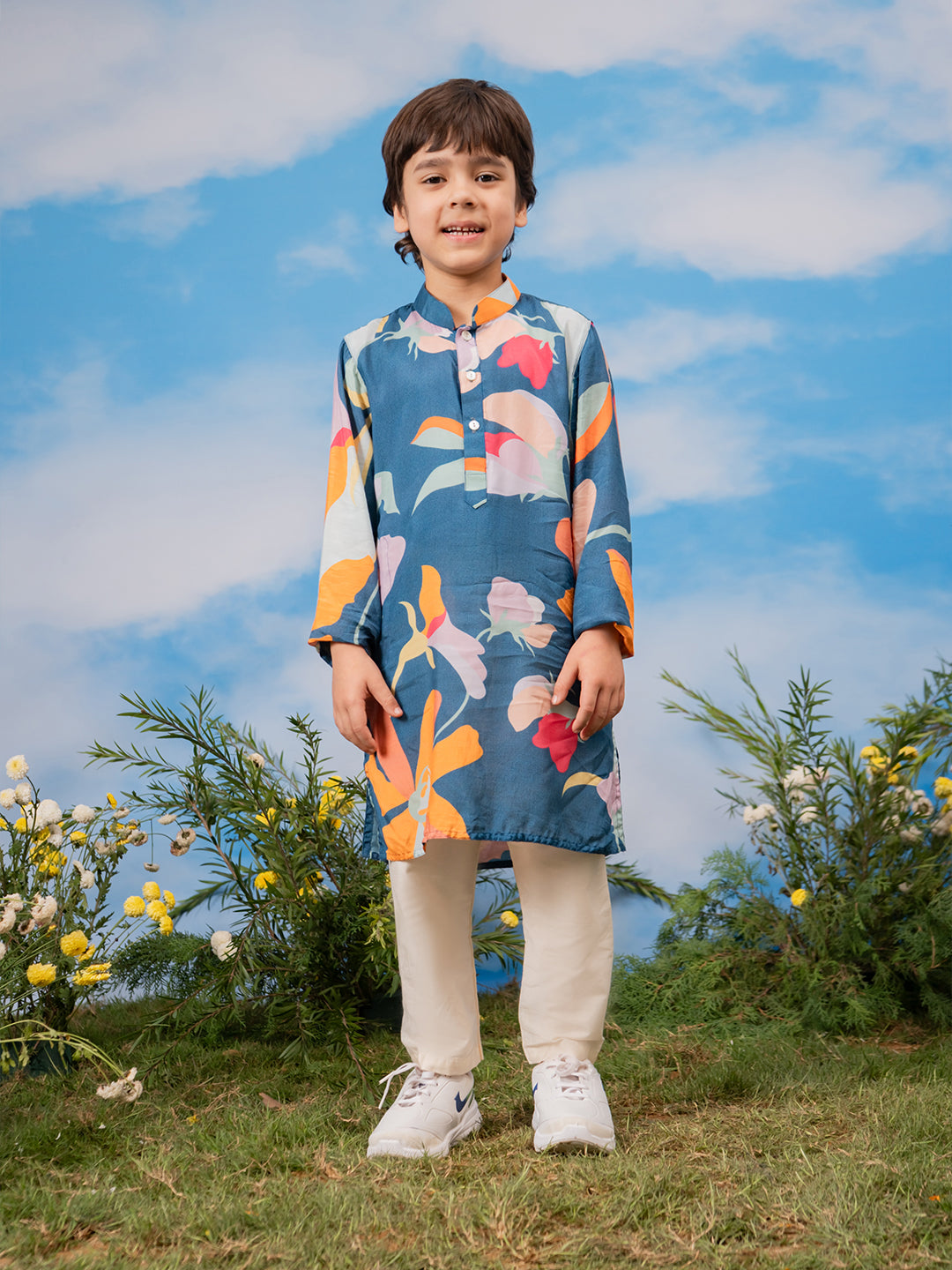 Boy's Multi Color Base Blue Kurta Pyjama Set