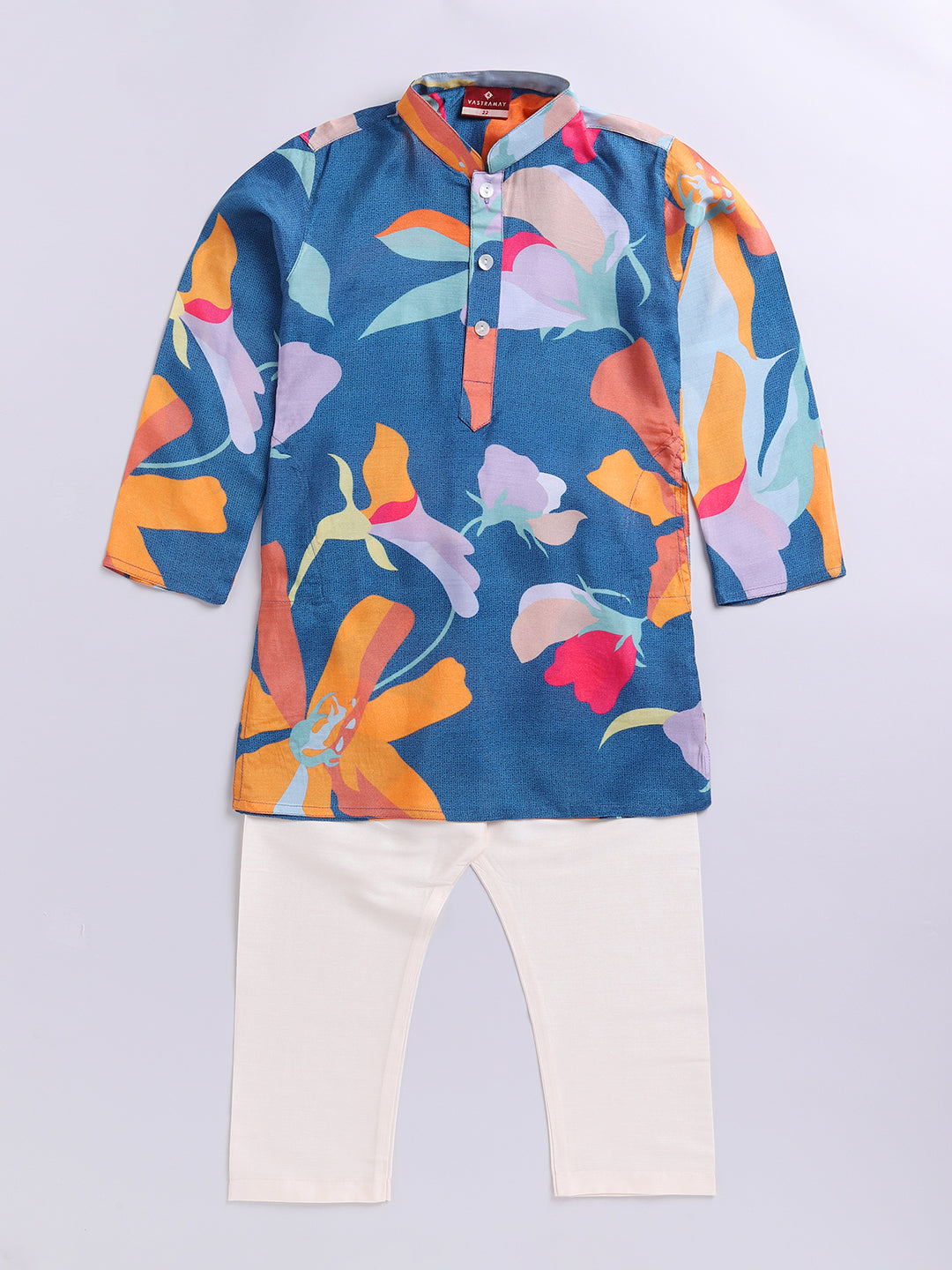 Boy's Multi Color Base Blue Kurta Pyjama Set