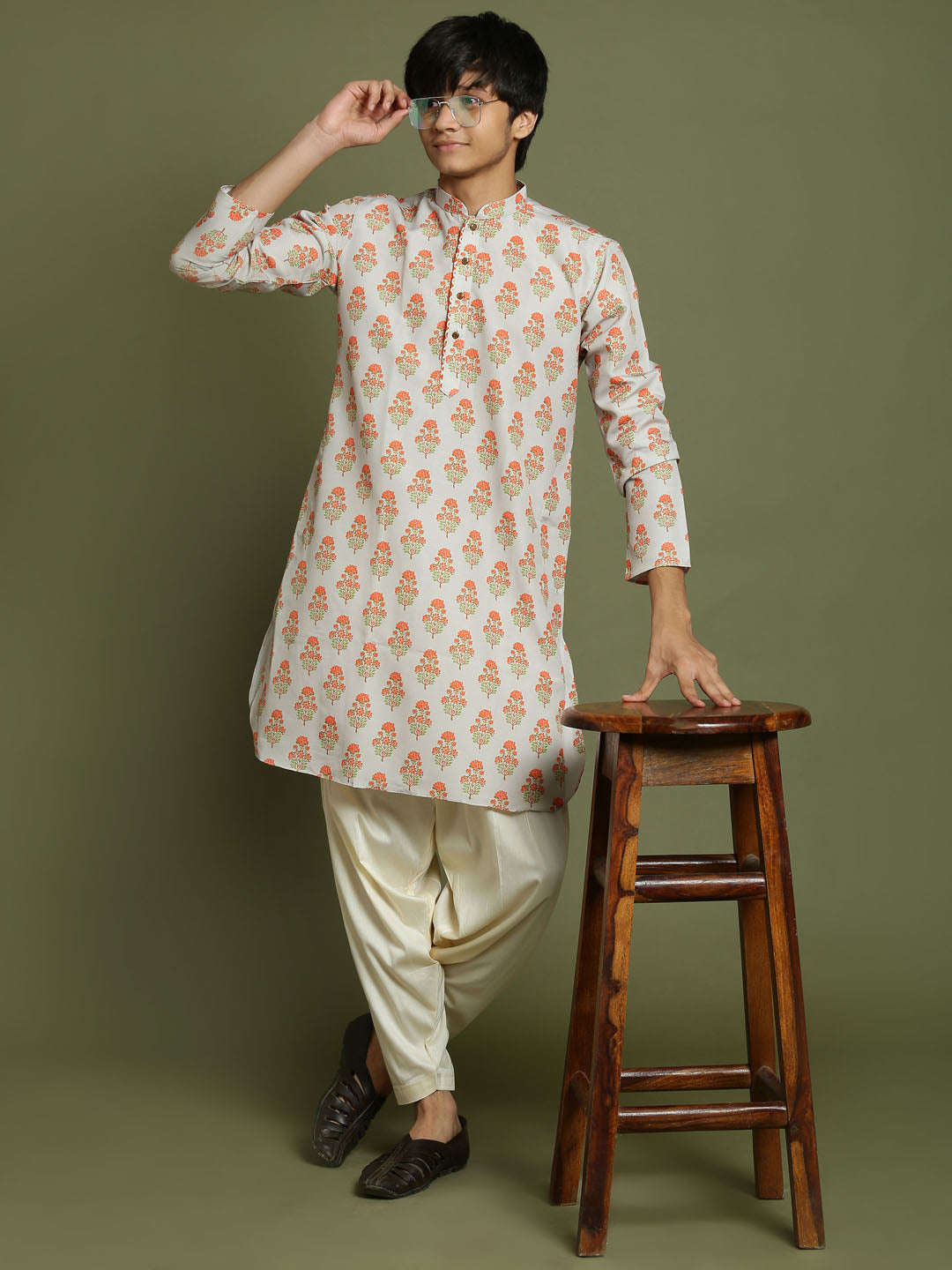 Boy's' Multicolor-Base-Beige And Cream Kurta Patiala Set
