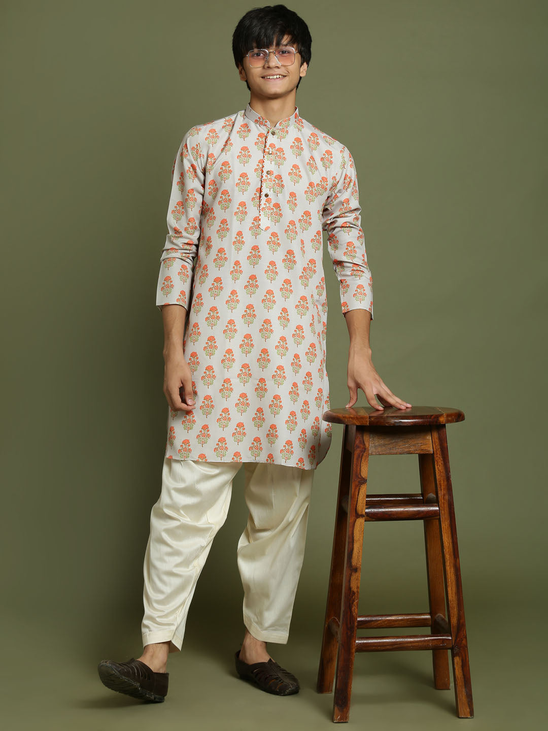 Boy's' Multicolor-Base-Beige And Cream Kurta Patiala Set