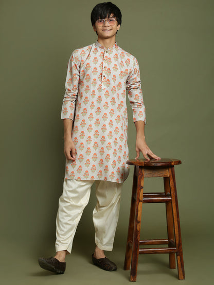 Boy's' Multicolor-Base-Beige And Cream Kurta Patiala Set