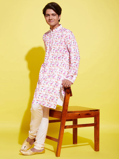 Boy's Multicolor-Base-White Cotton Blend Kurta And Pyjama Set