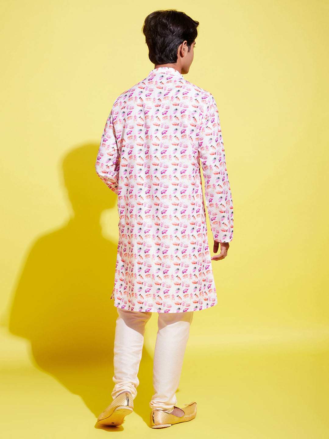 Boy's Multicolor-Base-White Cotton Blend Kurta And Pyjama Set