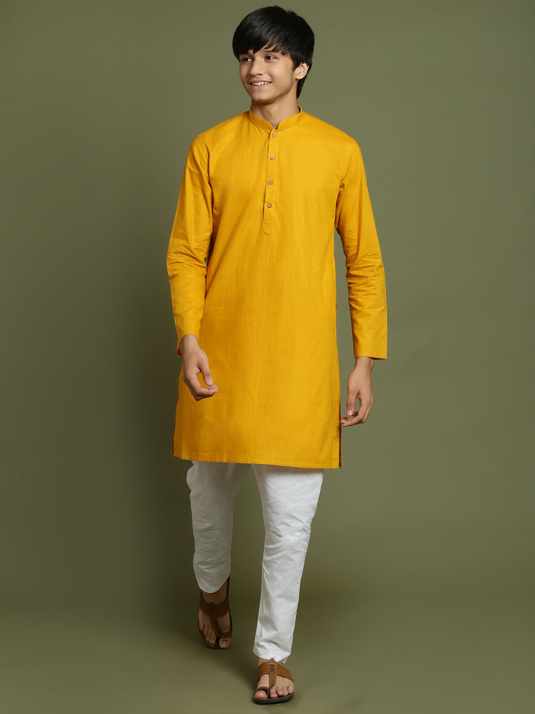 Boy's Mustard And White Kurta Pyjama Set
