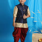 Boy's Navy Blue Embroidered Nehru Jacket With Gold Kurta And Maroon Dhoti Set