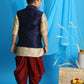 Boy's Navy Blue Embroidered Nehru Jacket With Gold Kurta And Maroon Dhoti Set