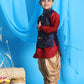 Boy's Navy Blue Embroidered Nehru Jacket With Maroon Kurta And Rose Gold Dhoti Set