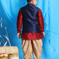 Boy's Navy Blue Embroidered Nehru Jacket With Maroon Kurta And Rose Gold Dhoti Set