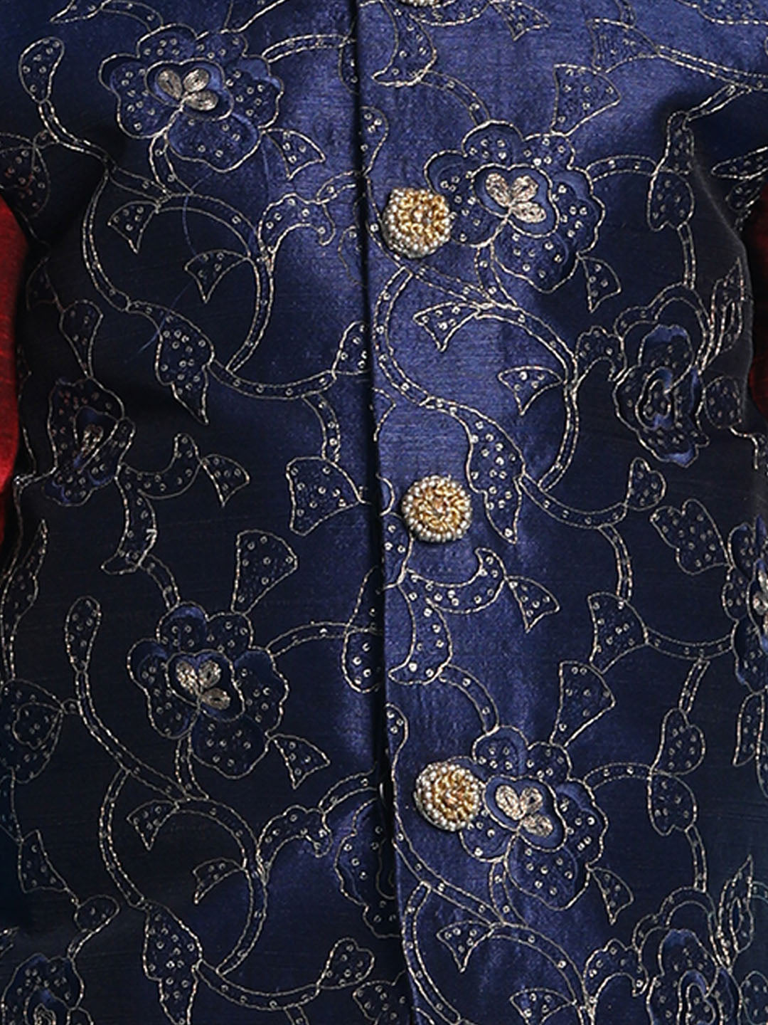 Boy's Navy Blue Embroidered Nehru Jacket With Maroon Kurta And Rose Gold Dhoti Set