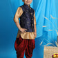 Boy's Navy Blue Embroidered Nehru Jacket With Rose Gold Kurta And Maroon Dhoti Set