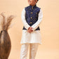 Boy's Navy Blue Nehru Jacket With Cream Kurta And Pyjama Set