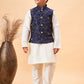 Boy's Navy Blue Nehru Jacket With Cream Kurta And Pyjama Set