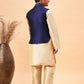 Boy's Navy Blue Nehru Jacket With Gold Kurta And Pyjama Set