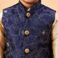 Boy's Navy Blue Nehru Jacket With Gold Kurta And Pyjama Set
