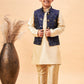 Boy's Navy Blue Nehru Jacket With Gold Kurta And Pyjama Set