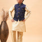 Boy's Navy Blue Nehru Jacket With Gold Kurta And Pyjama Set