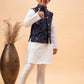 Boy's Navy Blue Nehru Jacket With White Kurta And Pyjama Set