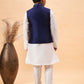 Boy's Navy Blue Nehru Jacket With White Kurta And Pyjama Set
